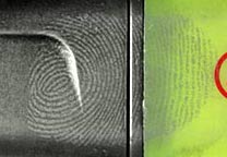 Vergrößerter Fingerabdruck auf dem Faserstift, eingestäubt mit Fingerabdruckpulver Konzentriertes Dunkelgrau