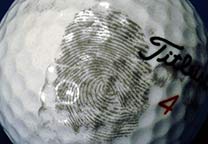 Fingerabdrücke auf einem Golfball, eingestäubt mit Magnetpulver Grau Spezial