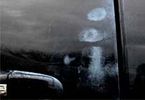 Fingerabdrücke an der Tür eines Autos, sichtbar gemacht mit SPR Weiß