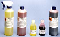 Staining solutions in bottles and spray cans