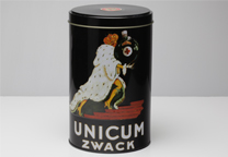 Metal container printed with dark and light coloured paints.