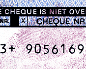 Fingerprint developed with ninhydrin on a cheque