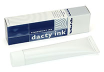 Tube BVDA dactyloscopische inkt, wordt geleverd in een kartonnen doosje.