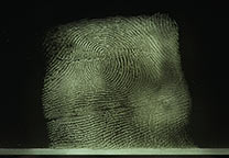 Na het rollen van de vinger door de inktlaag is een negatief beeld van de vingerafdruk zichtbaar op de inktglasplaat.