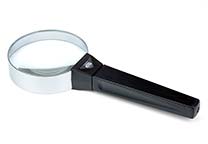 Hand-held glass-lens magnifier, diameter 75 mm, aplanatic, two lenses, magnification about 3,5X