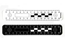 Disposable ruler (15 cm) for photography, one side white with black printing, the other side black with white printing